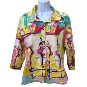 VTG Kaktus Lightweight Cotton‎ Denim Coat Jazz Print Art to Wear Jacket Sz XL